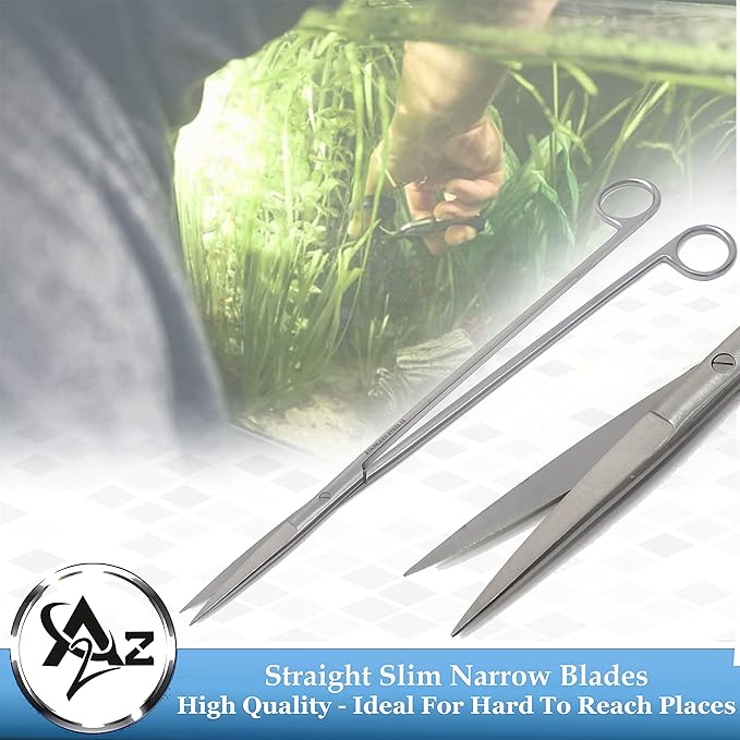 A2Z-Aquascaping Maintenance Tools Accessories,Anti-Rust Stainless Steel Tweezers Scissors Spatula for Aquarium Tank Clean, Fish Tank, Bonsai, Algae Scrapers (12" Scissors - Straight - Silver)
