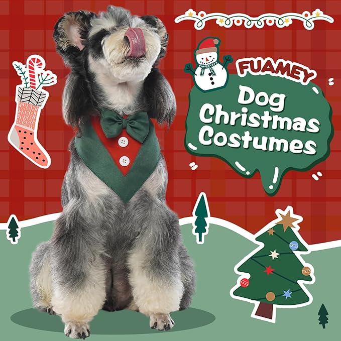 FUAMEY Dog Tuxedo Christmas for Small Dogs,Dog Formal Suit Dogs Attire Pet Bow Tie Puppy Party Costumes Cat Tux Outfits Pets Bandana Cosplay Adjustable Bowties Christmas Green Red S