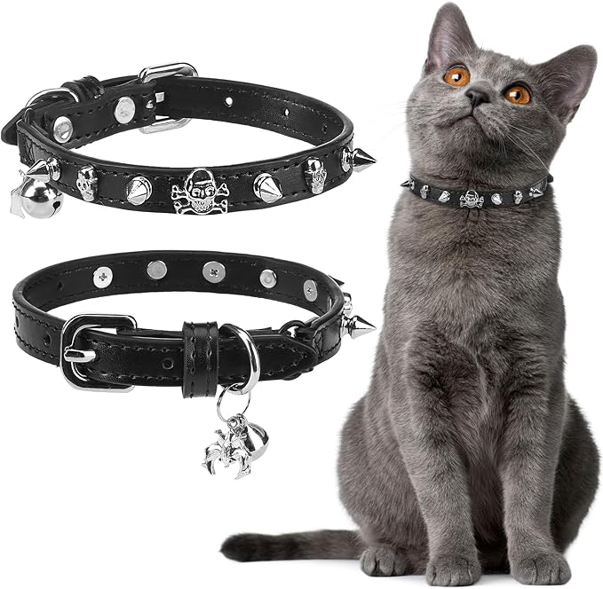 EXPAWLORER Cat Collar for Girl Boy Cats- Adjustable Leather Pet Collar with Safety Elastic Belt,Personalized Punk Accessories Buckle Collars with Bell & Durable D-Ring, Rivet (Black)