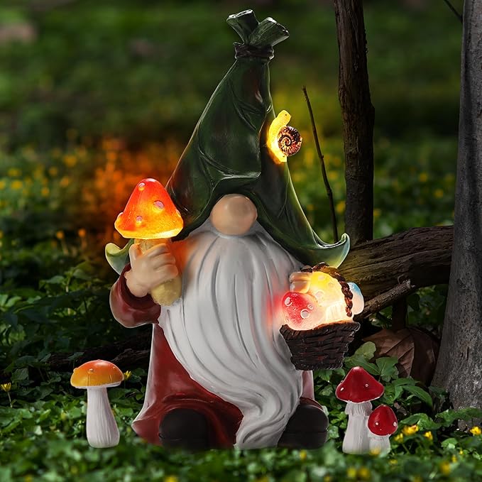 Mushroom-Picking Gnome Solar Garden Statue with 3 LED Lights, Set with 1 Gnome and 2 Small Mushroom, Lovely Garden Gnome Set for Patio, Yard, Lawn Ornament, Outdoor Christmas Decor
