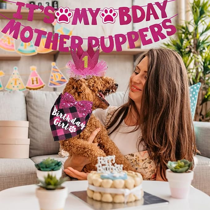 Dog Birthday Decorations, Multi Sizes Dog Birthday Bandana Girl Dog Birthday Hat Crown Bow Tie Birthday Numbers It’s My Bday Mother Puppers Sign Banner for Small Dogs Pets (Pink, Small)