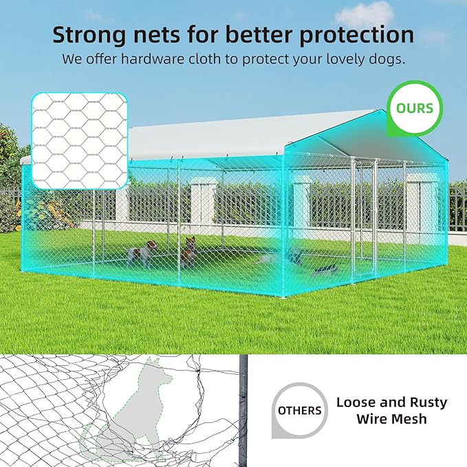 15'x15' Large Outdoor Dog Kennel, Heavy Duty Dog Enclosure with Roof, Weather Resistant Cover and Security Lock(183"x183")