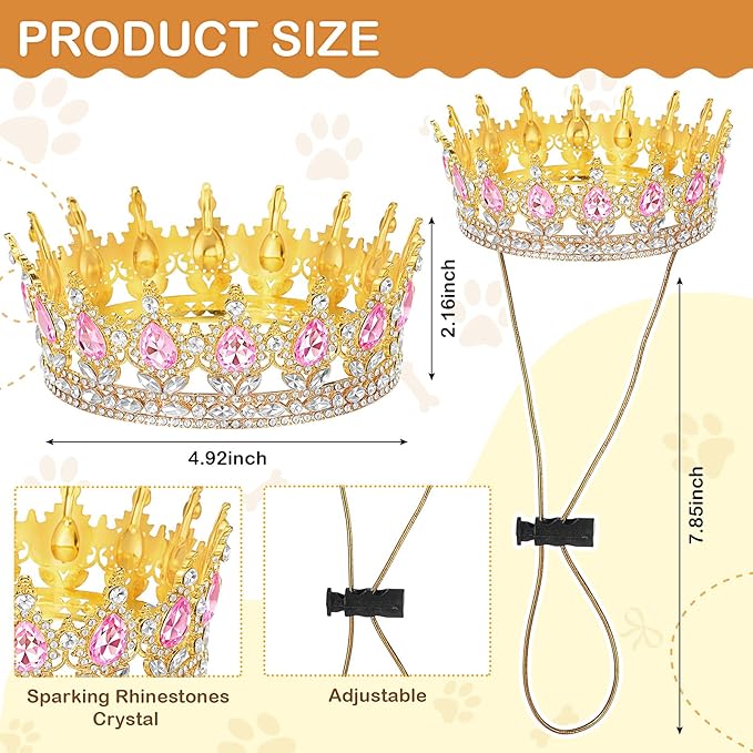 Abbylike Pet Rhinestone King Crown, Queen Crown for Birthday New Year Costume for Small Dog Cat Cosplay Party Accessories Adoption Celebration Wedding Birthday Photos Prop Costume(Pink,Large)
