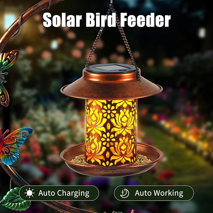 Metal Birdbath with Flower Planter Pedestal and Solar Bird Feeders Combo for Outdoor, Decorative Bird Bath with Butterfly for Garden Yard Outside