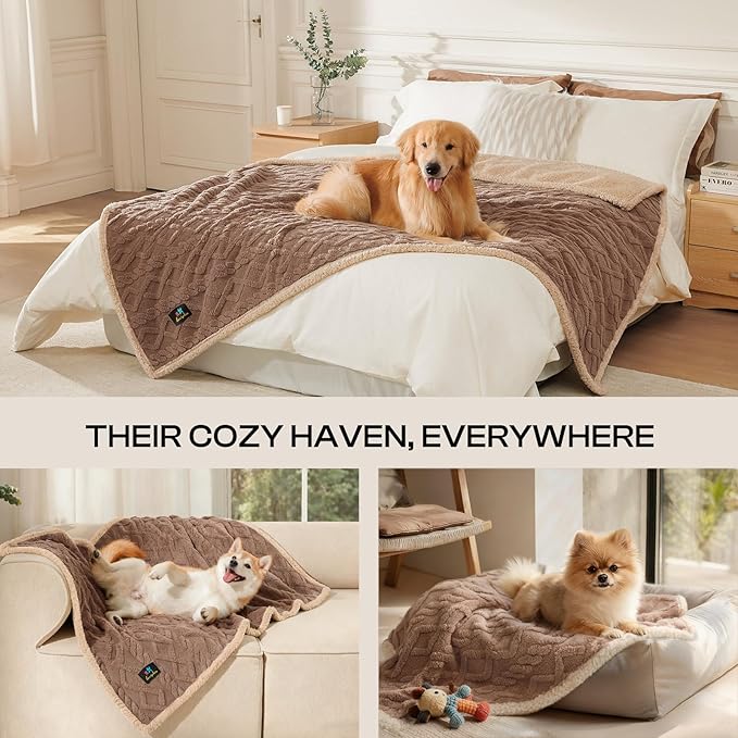 Luciphia Waterproof Pet Blanket, Liquid Pee Proof Dog Blankets for Sofa Bed Couch, Reversible Sherpa Fleece Furniture Protector Cover for Small Medium Large Dogs Cats,Khaki Large（65" x 57"）