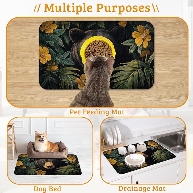 Brown Bear Dog Food Mat,Forest Absorbent Pet Feeding Mat for Food and Water Bowl,Quick Dry Dog Placemat Non Slip Rubber Backing Waterproof Pet Supplies 16" x 24"