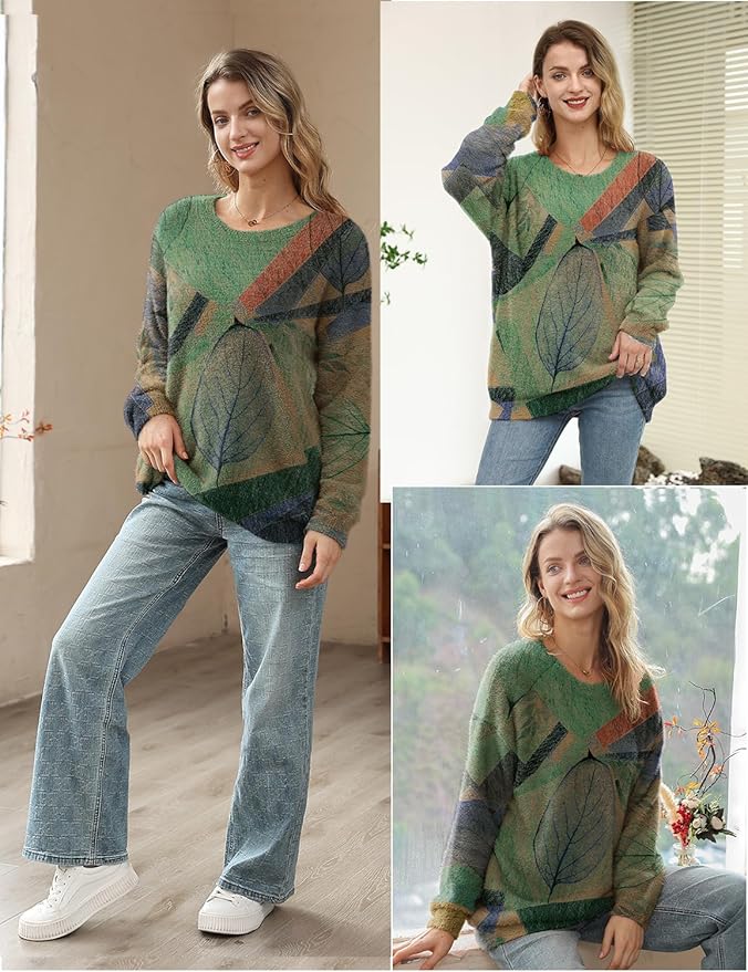YESNO Women Christmas Sweater Graphic Printed Oversized Pullover Sweaters Casual Loose Knit Tops S01