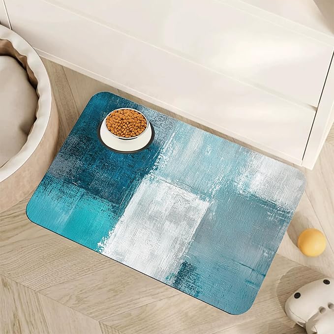 Turquoise Grey Dog Cat Food Mat,Teal Modern Art Absorbent Pet Feeding Mat for Food and Water,Non-Slip Dog Bowl Mats Floor Protector 16"x24"