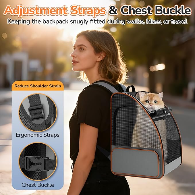 Cat Backpack Carrier Expandable for Outdoor - Foldable Cat Backpack with Breathable Mesh for Small Dog Puppy Kitten Up to 15 lbs - Soft-Sided Pet Carrier for Travel Hiking Camping (Gray)
