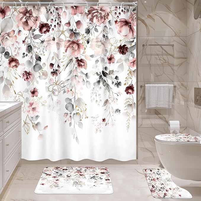 4 PCS Pink Floral Flower Shower Curtain Set 72Wx72H Inch Watercolor Pastel Plant Complete Bathroom Set Non-Slip Bath Rug Toilet Lid Cover and U Shape Mat Accessories 12 Hooks Bathoom Decor