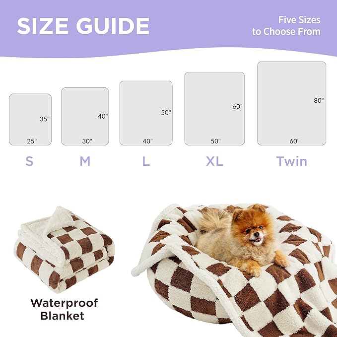 LE SURE Waterproof Dog Blanket for Large Dogs - Washable Double Sided Dog Blankets with Warm Jacquard Shag and Soft Sherpa Fleece, Pet Cat Blanket for Bed Protection, 3D Textured Checks, Brown