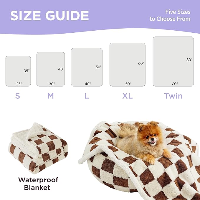 LE SURE Waterproof Dog Blanket for Large Dogs - Washable Double Sided Dog Blankets with Warm Jacquard Shag and Soft Sherpa Fleece, Pet Cat Blanket for Couch Protection, 3D Textured Checks, Brown