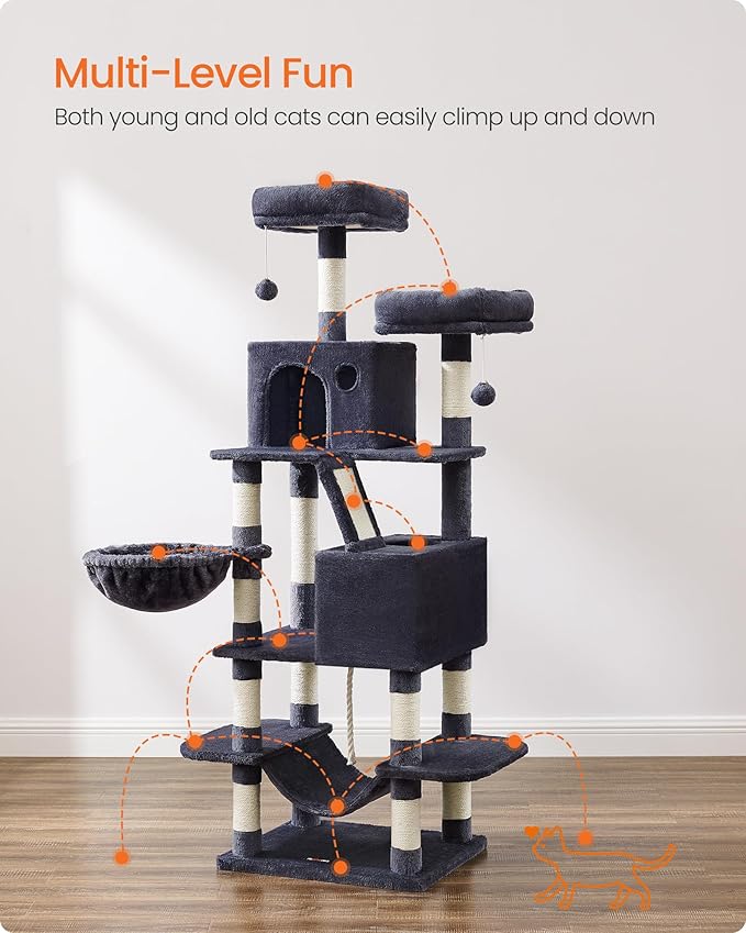 Feandrea Cat Tree, 66.1-Inch Large Cat Tower, Multi-Level Plush Condo with 13 Scratching Posts, 2 Perches, 2 Caves, Basket, Hammock, Pompoms, Smoky Gray UPCT165G01