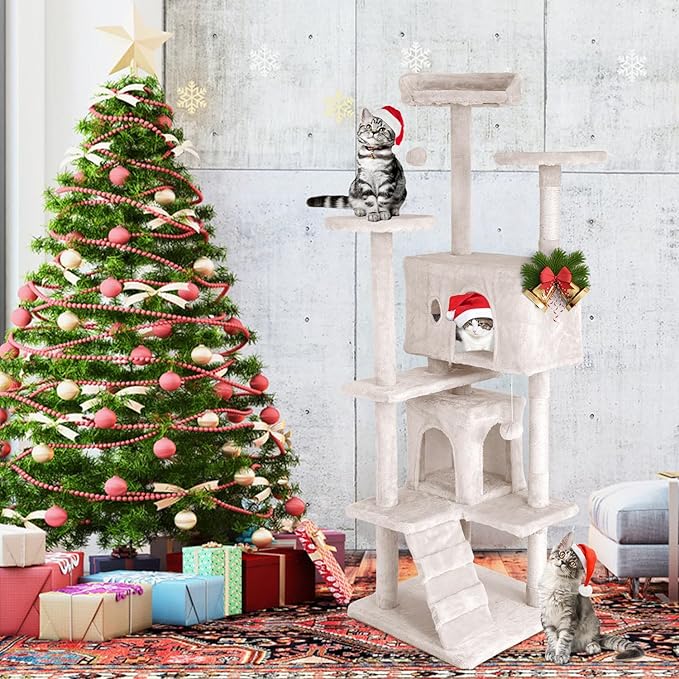 Heavy Duty Cat Tree Tower, 70" Tall Cat Tower for Indoor Cats with Cat Scratching Post with Bed, Cat Condo, Hanging Ball, Multi-Level Cat Climbing Tower Cat Trees Furniture Activity Center, Beige