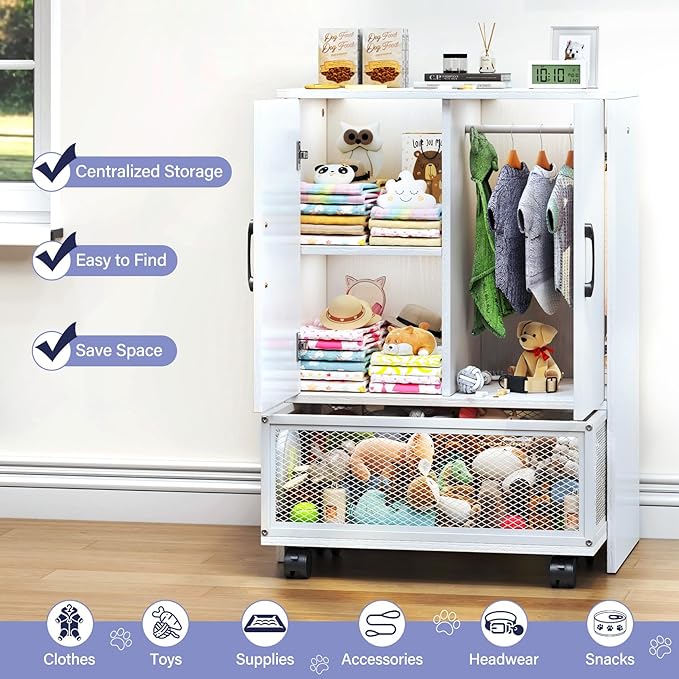 TC-HOMENY Pet Wardrobe Closet with Drawer, Wooden Pet Storage Cabinet with Wheels and Hanging Rods, Dog Closet with Clothes Hanger, Pet Toys Basket, Dog Organization and Storage, Small Wardrobe Closet