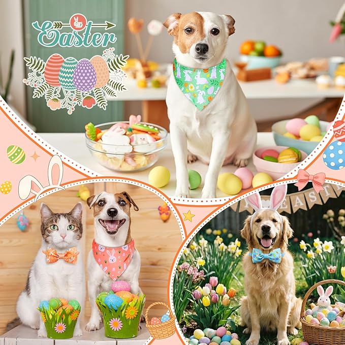 Sanwuta 50 Pcs Dog Bandanas and Collar Bow Ties Set 25 Bandanas Bulk 25 Charm Dog Collar Pet Triangle Pet Scarf Bowtie for Small Medium Large (Easter)