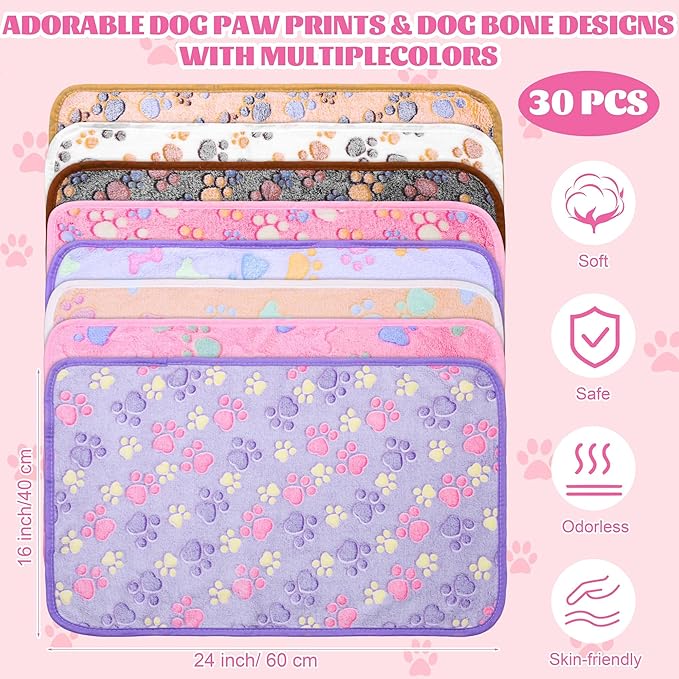 MCEAST 30 Pieces Fluffy Dog Cat Blanket with Paw Print 16 x 24 Inch, Washable Ultra-Soft Flannel Pet Throw Blankets for Small Animals, Cozy Puppy Bed Mat Warm Plush Bedding