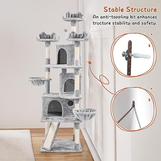Yaheetech 76.5in Multi-Level Large Cat Tree, Big Cat Tower with 3 Condos, Cozy Plush Perches, 9 Sisal Scratching Posts and Ladder, Activity Center for Large Kitties, Light Gray