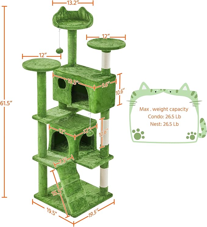 Yaheetech 62in Cat Tree Cat Tower for Indoor Kittens, Pet Furniture w/Double Condo, Scratching Posts, Multiple Platforms and Balls for Kitty, Green