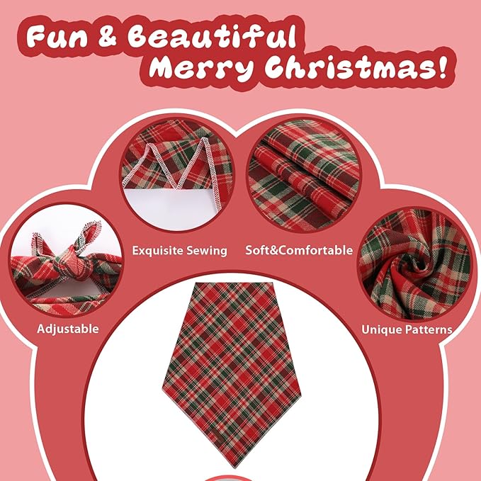 Christmas Plaid Dog Bandana–Red and Green Checked Triangle Scarf for Small Medium Large Dogs, Soft Cotton Pet Bib for Winter & New Year, Adjustable Dog Kerchief