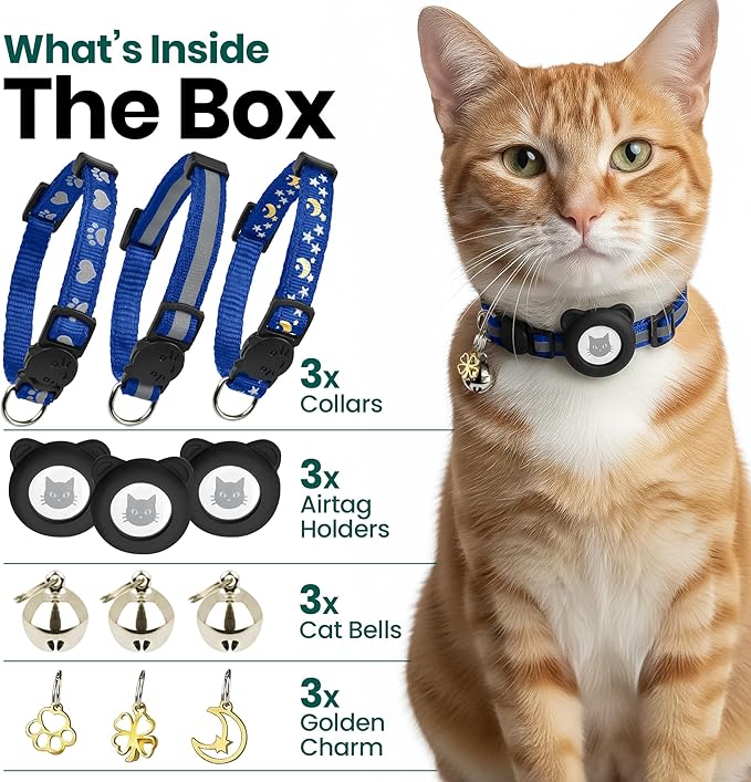 Cat Collar with AirTag Holders, 3-Pack, Reflective Breakaway Safety Collars, Bells and Matching Charms, Adjustable, Paw Hearts, Moon Stars Design, Lucky Charm, Blue