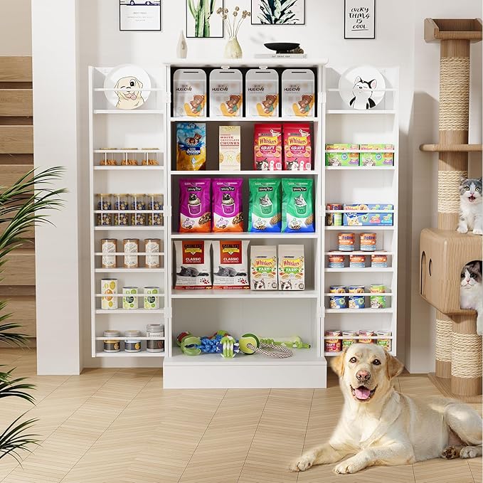 47" Dog Food Storage Cabinet with Doors and Adjustable Shelves, Freestanding Pet Storage Container Organizer for Living Room and Dinning Room, White