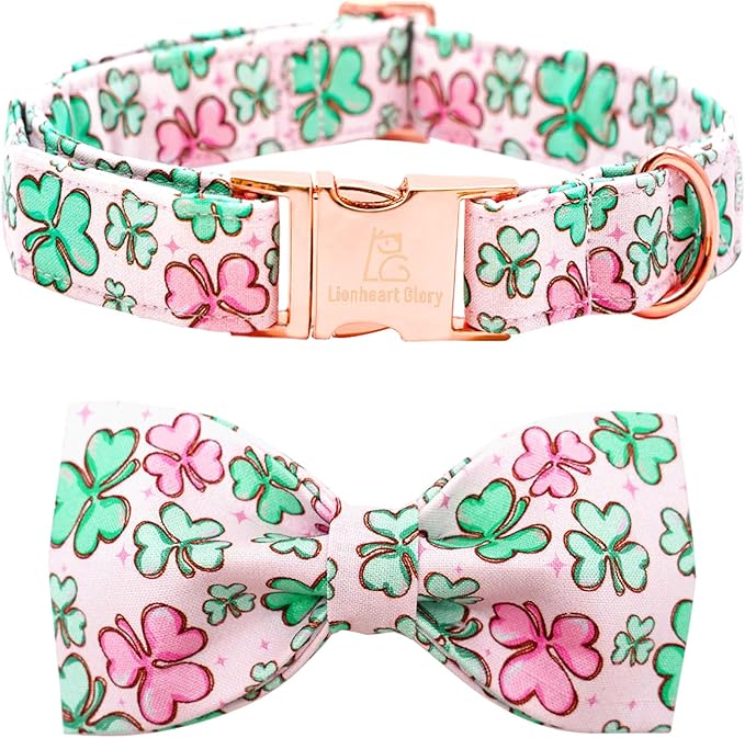 Lionheart glory Dog Bow Collar St. Patrick's Day Dog Collar for Large Dogs, Adjustable Green Collars Lucky Clover Shamrock Dog Collar with Bowtie Pet Collar Bows
