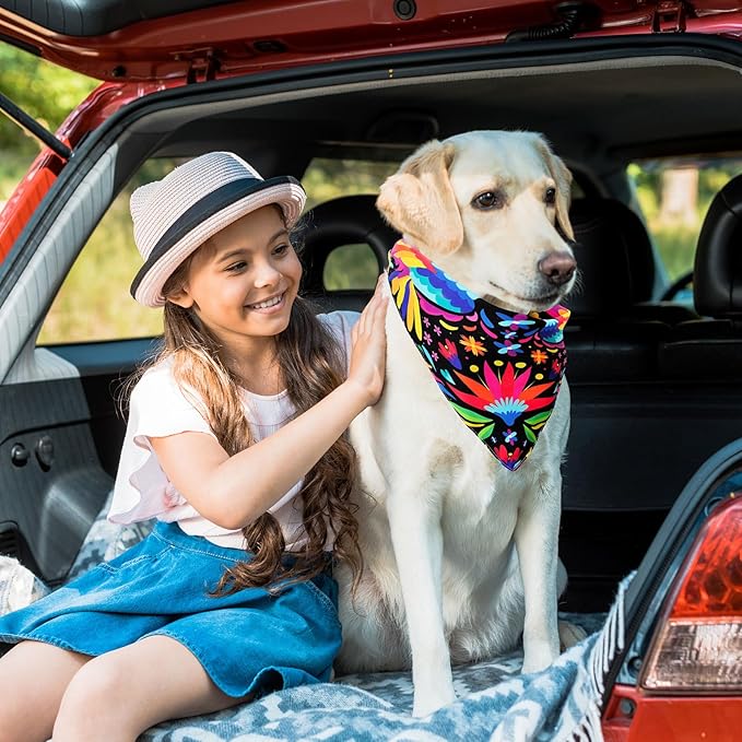 Whaline 2Pcs Mexican Dog Bandana Cinco De Mayo Fiesta Cotton Pet Scarf Double-Sided Adjustable Black Floral Pet Neckerchief for Small Medium Large Cat Dog Carnival Accessories