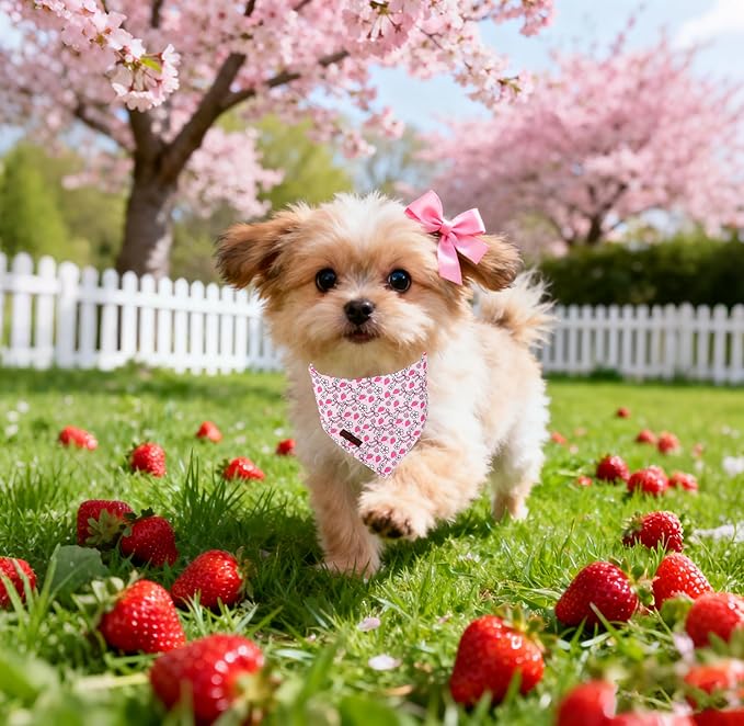 Lionet Paws Spring Strawberry Bow Dog Bandana Washable Cotton Handkerchief Scarf Triangle Pink Bandana for Small Medium Large Dogs Girl Boy
