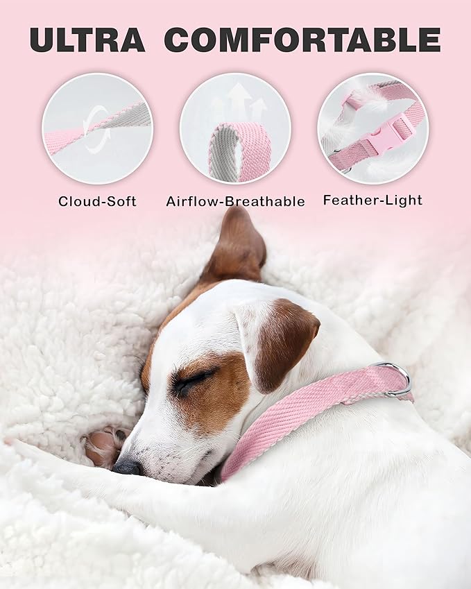 Dynmeow Soft and Breathable Cotton Dog Collar, Durable Adjustable Heavy-Duty Female Girl Pet Collar with Quick-Release Buckle, Lightweight for Sensitive Skin for Large Dogs, Pink, L