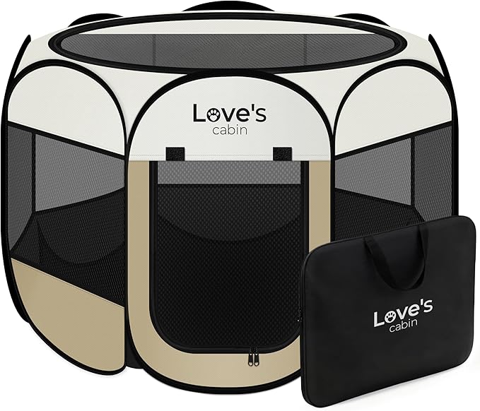 Love's cabin Pet Puppy Dog Playpen, Large Dog Tent Crates Cage Indoor/Outdoor, Portable Playpen for Cat, Foldable Pop Up Dog Kennel Playpen with Carring Case, Removable Zipper Top, Khaki