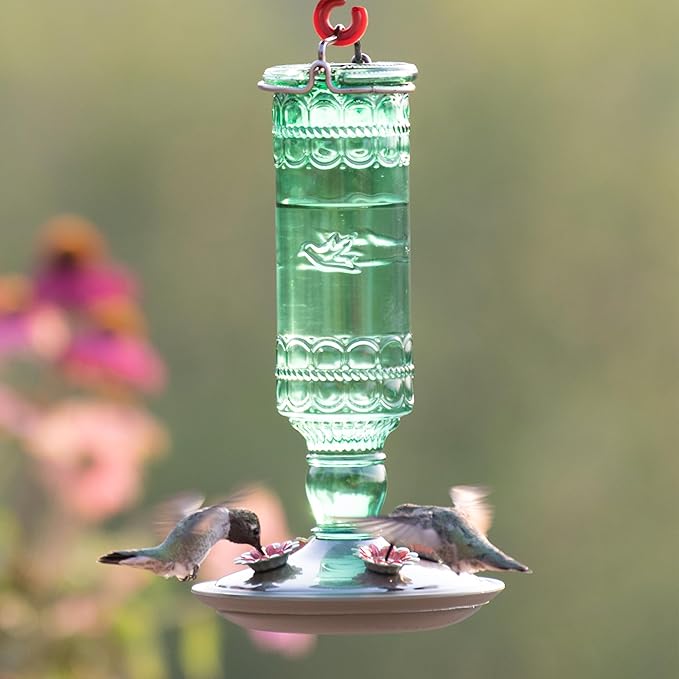 Perky-Pet Glass Bottle Hummingbird Feeder - Outdoor Garden Décor Humming bird Feeder, 8108-1SR - 10 Fl Oz Nectar Capacity - Durable Green Antique Design - Hang from Tree, Porch, Deck, Hook