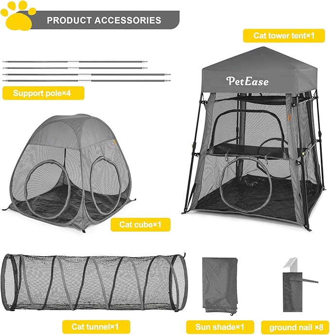 Catio Outdoor Cat Enclosure, 3-in-1 Extra Large Portable Cat Playpen with Tower Tent & Tunnel, Foldable Waterproof Mesh Catio for Indoor Outdoor Cats & Small Pets