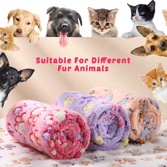 Tegeme 8 Pcs Fleece Dog Blankets for Small Dogs Cat Soft Coral Velvet Warm Sleep Mat Fluffy Dog Paw Print Blanket for Kitten Doggy Small Animal(30 x 41 Inch,Mixed Color)