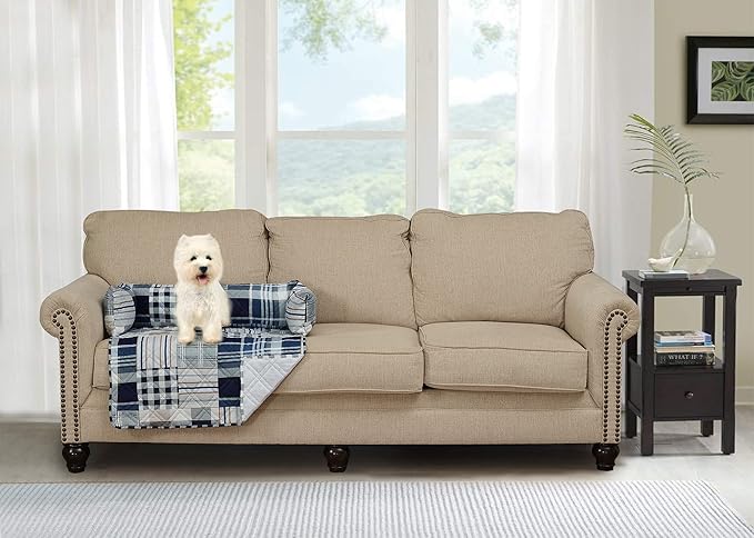 Brilliant Sunshine Quilted Calming Dog Bed Mat, Removable Washable Cover, Cushion Protector and Couch Covers for Dogs, Pets, Cats, Medium, Blue Plaids and Stripes Patchwork