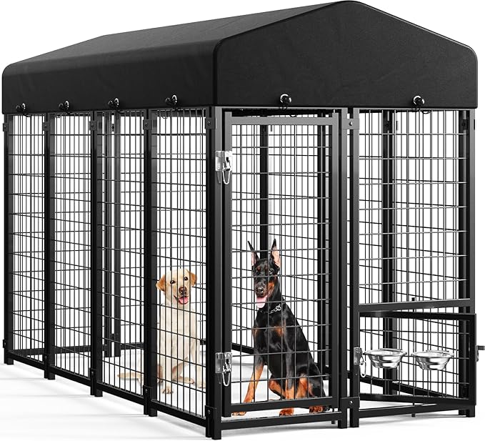 Sino Luban Outdoor Dog Kennel Outside Run with Doggy Door, Swivel Feeder&Roof - 8x4x6FT Large Dog Kennels Pens Outside for Large Dogs Breed- Heavy Duty Cage Yard (Can Connect to Your Dog House)
