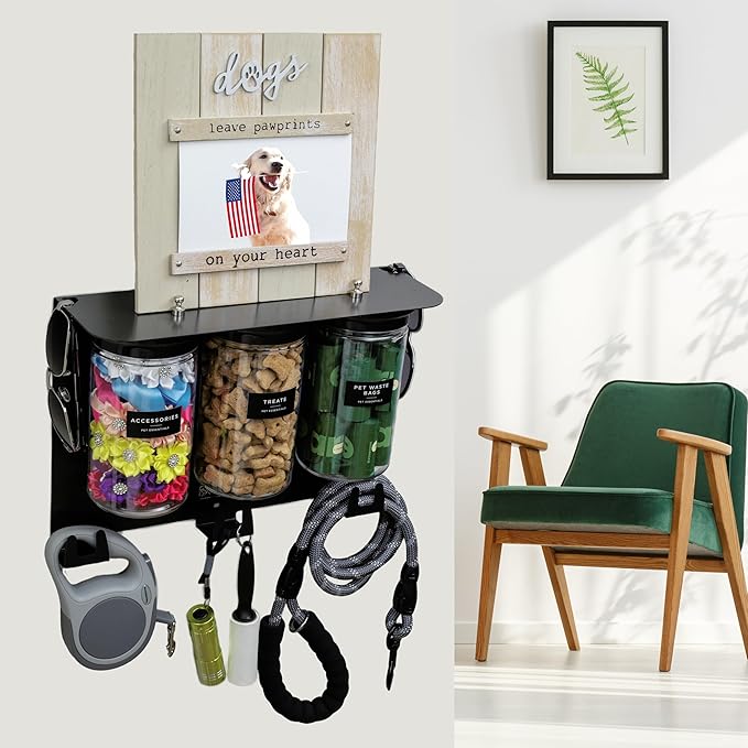 Dog Treat Holder For Wall Storage For Pets, Premium Pet Wall Organizer, Includes Three 32oz Airtight Dog Treat Jars, 3 Sets of Triple Hooks, Sturdy Shelf in Modern Black
