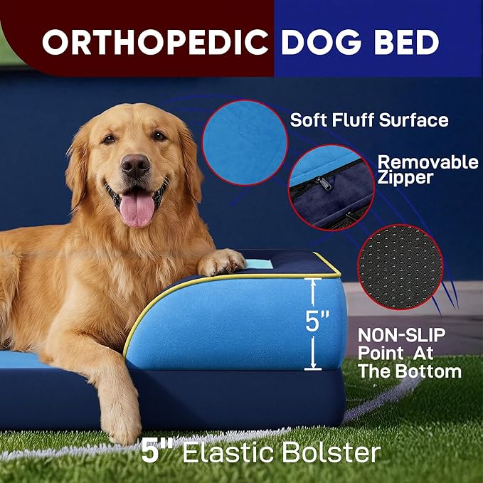 Comfort Expression Orthopedic Dog Bed for Extra Large Dogs 42x30 Inch, Waterproof Egg Crate Foam XL Pet Bed with Removable Bolsters, Dog Couch with Washable Cover & Non-Slip Bottom, New Jersey