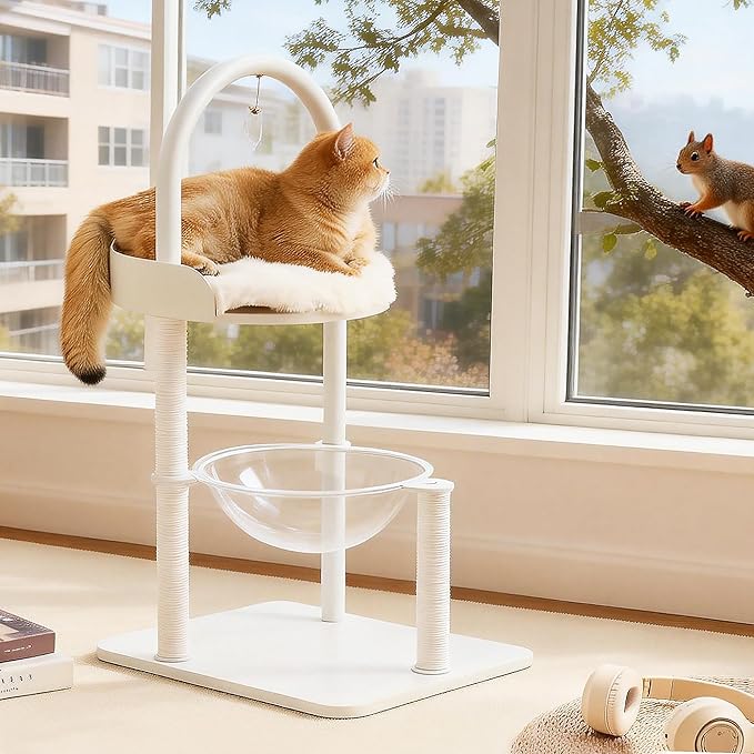 Modern Cat Tree Tower for Indoor Cats up to 12lbs, 34" H Furniture-Style Metal Cat Tower with Scratching Posts, Wood Cat Bed with Soft Plush Cushion Washable, Acrylic Capsule, Soft White