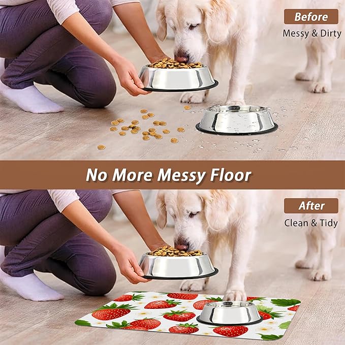 Cute Strawberry Flower Dog Cat Food Mat,Absorbent Pet Feeding Mat with Rubber Backing,Non-Slip Water Bowl Placemat,Indoor Pet Accessories Supplies 12"x20"