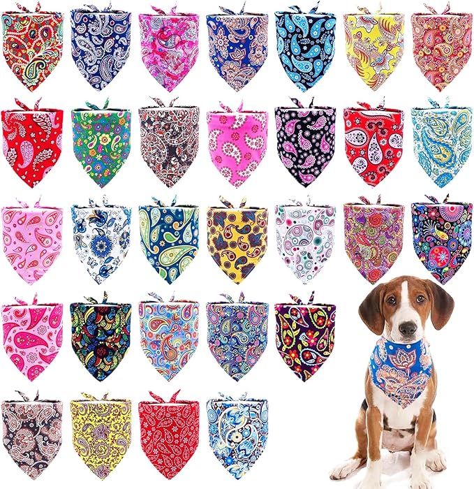 30 Pcs Paisley Bandanas for Dog Polyester Print One Side Bandana Bulk for Small Medium Dogs Breed Reversible Stitch Bandana Grooming M