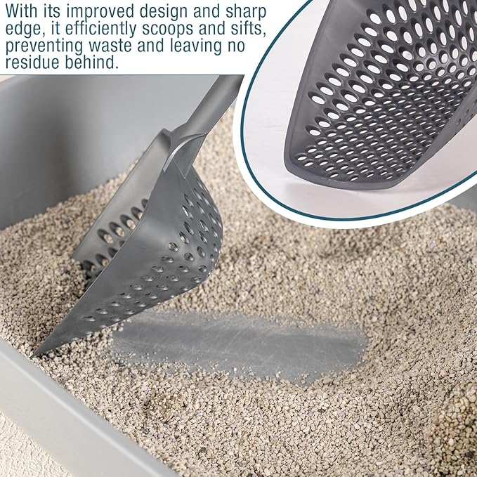Set of 2 Cat Litter Scoop with Small Holes, Deep Sifting Shovel for Fine Litter, Reptile Terrarium Sand & Rabbit Pooper Lifter, Hanging Handle Poop Scooper (Gray, Set of 2)