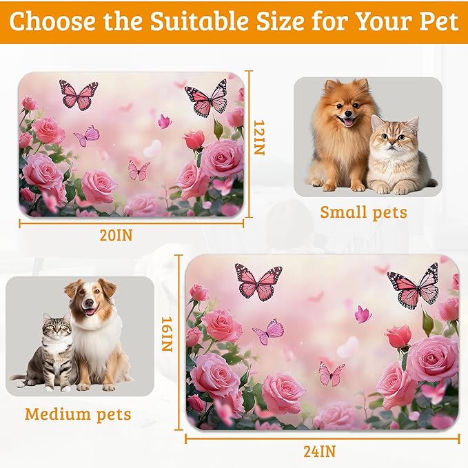 Rose Pink Dog Cat Food Mat,Butterfly Absorbent Waterproof Placemat for Food and Water Non Slip Rubber Backing Durable Feeding Pad for Clean Floors 12" x 20"