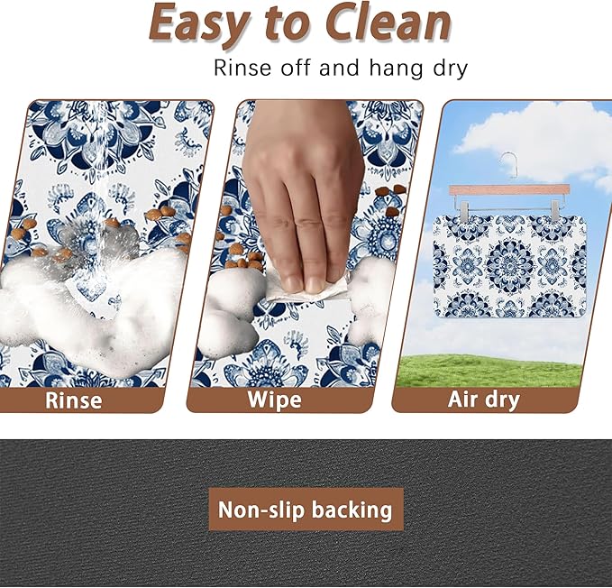 Mandala Flower Dog Food Mat for Floors,Blue Boho Floral Absorbent Quick-Dry Pet Feeding Mat,Cat Dog Bowl Mats for Food and Water,Non-Slip Pet Accessories Supplies 12"x20"
