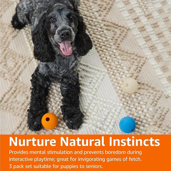 Amazon Basics Interactive Bouncy Durable Rubber Dog Toy Balls, 2.5 inch, Blue, Beige, Orange, Pack of 3