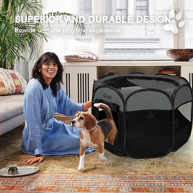 Portable Dog Playpen for Medium Dogs, Collapsible Pet Cat Kitten Puppy Playpen Indoors Outdoors with Zipper Top Cover (Medium Size, Grey-Black)