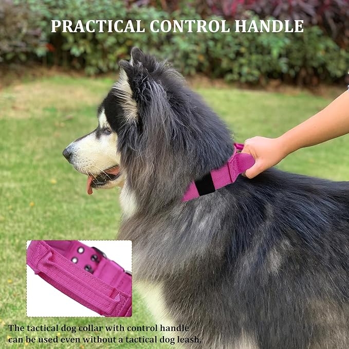 Tactical Dog Collar with Handle, Military Adjustable Heavy Duty Metal Buckle Dog Collars Soft Nylon Training Collar for Medium Large Dogs (Pink, Medium)