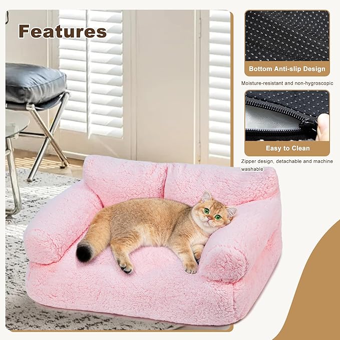 Large Cat Beds for Indoor Cats, Dog Couch Bed, Cute Cat Couch Sofas for Less 20lbs Kitten Puppy, Small Dog Sofas & Chairs with Removable Washable Cover, Soft Warm Pet Furniture, Light Pink