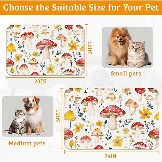 Pet Feeding Mat,Mushroom Absorbent Dog Cat Food Mat Flowers Dog Mat with Rubber Backing,Non-Slip Water Bowl Placemat,Pet Supplies 12" x 20"