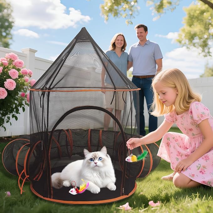 Outdoor Cat Enclosure with Tunnel - Large Portable Pet Playpen Tent for Indoor/Outdoor, Catio Playhouse for Cats, Kittens, Rabbits & Small Animals